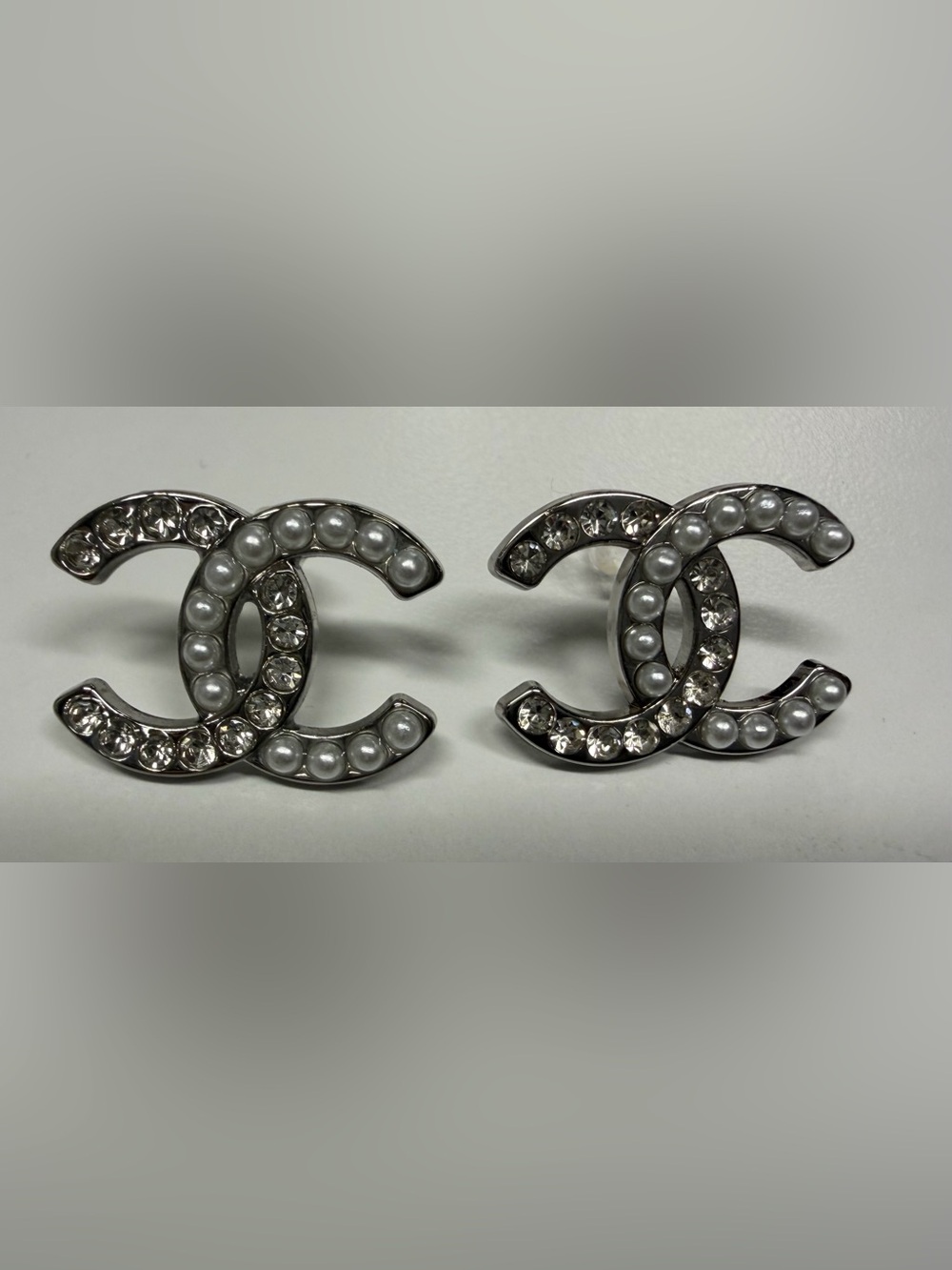 Silver Pearl & Crystal double C Earrings